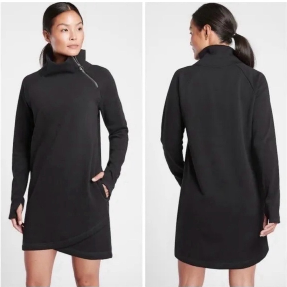 Athleta Black Asymmetrical Zip Sweatshirt Dress